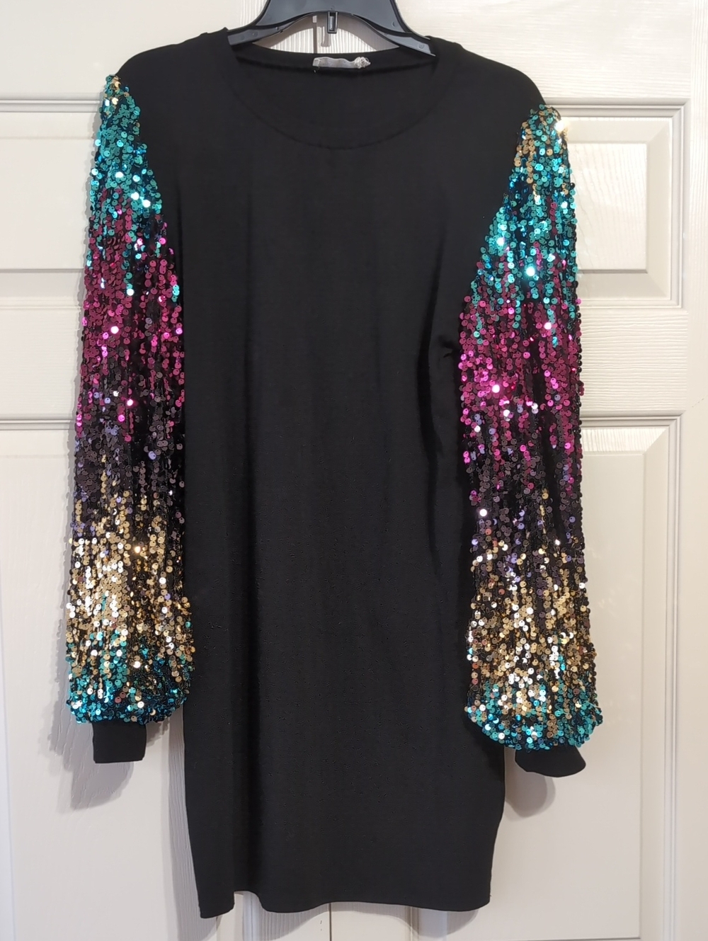 Black Dress with Multicolor Sequin Sleeves